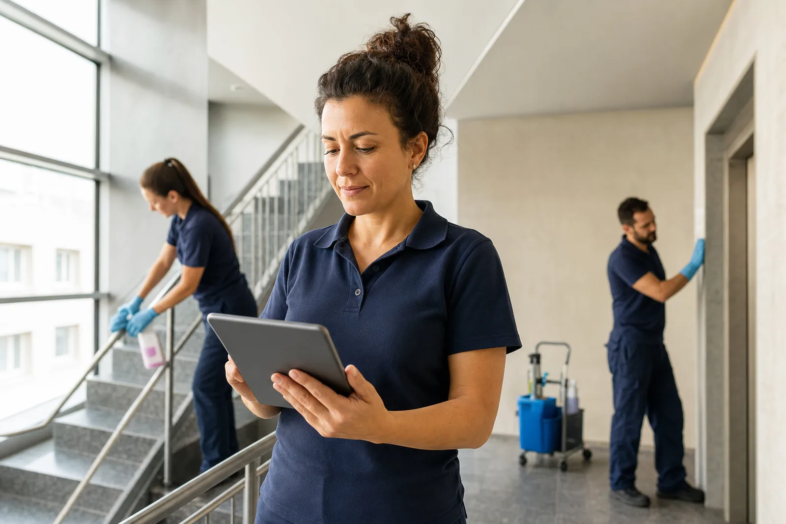 Objektleiterin einer Reinigungsfirma prüft im Treppenhaus einer Liegenschaft die Aufgaben auf dem Tablet