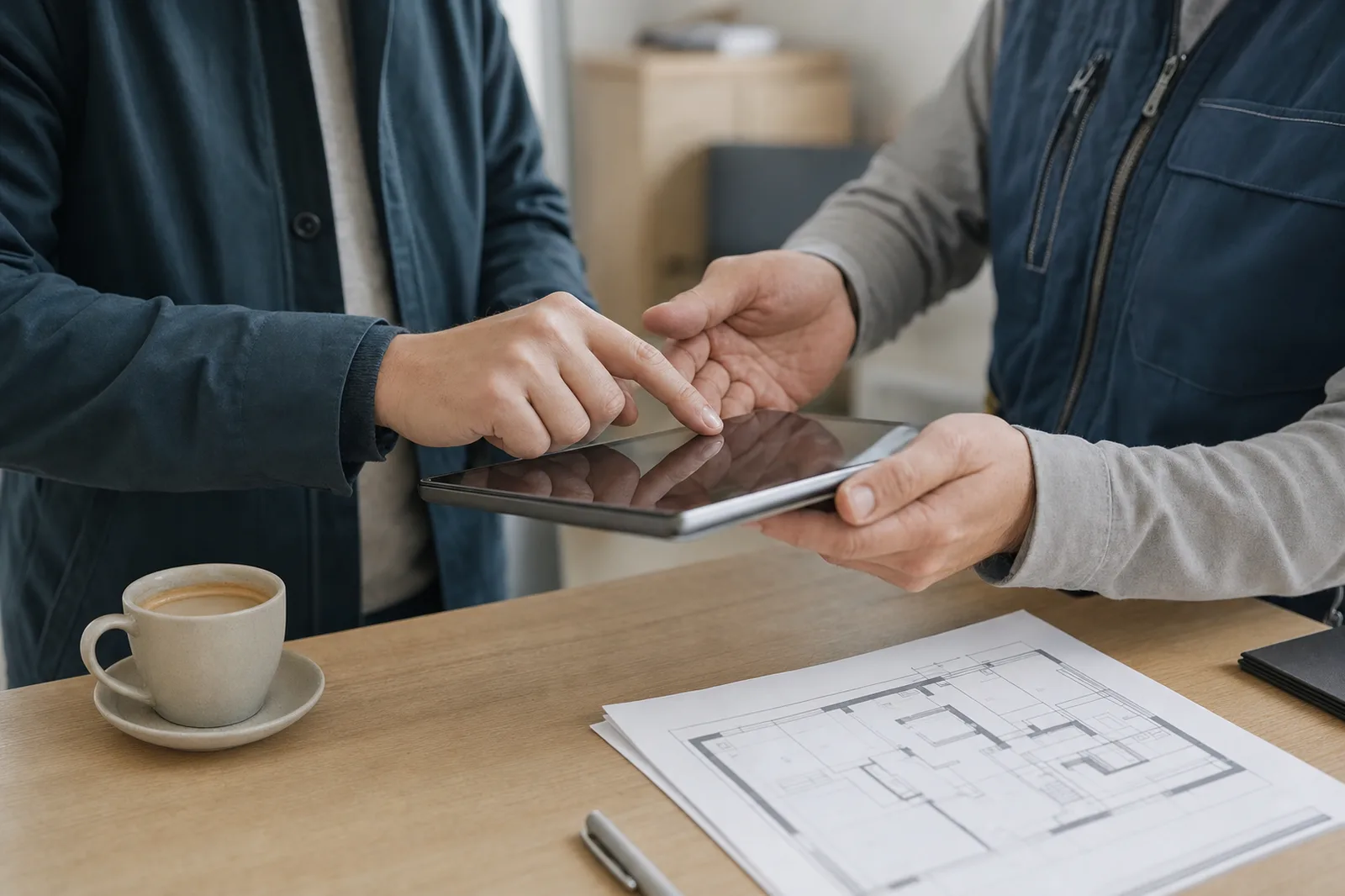 Kunde bestätigt eine Abnahme mit digitaler Unterschrift auf einem Tablet