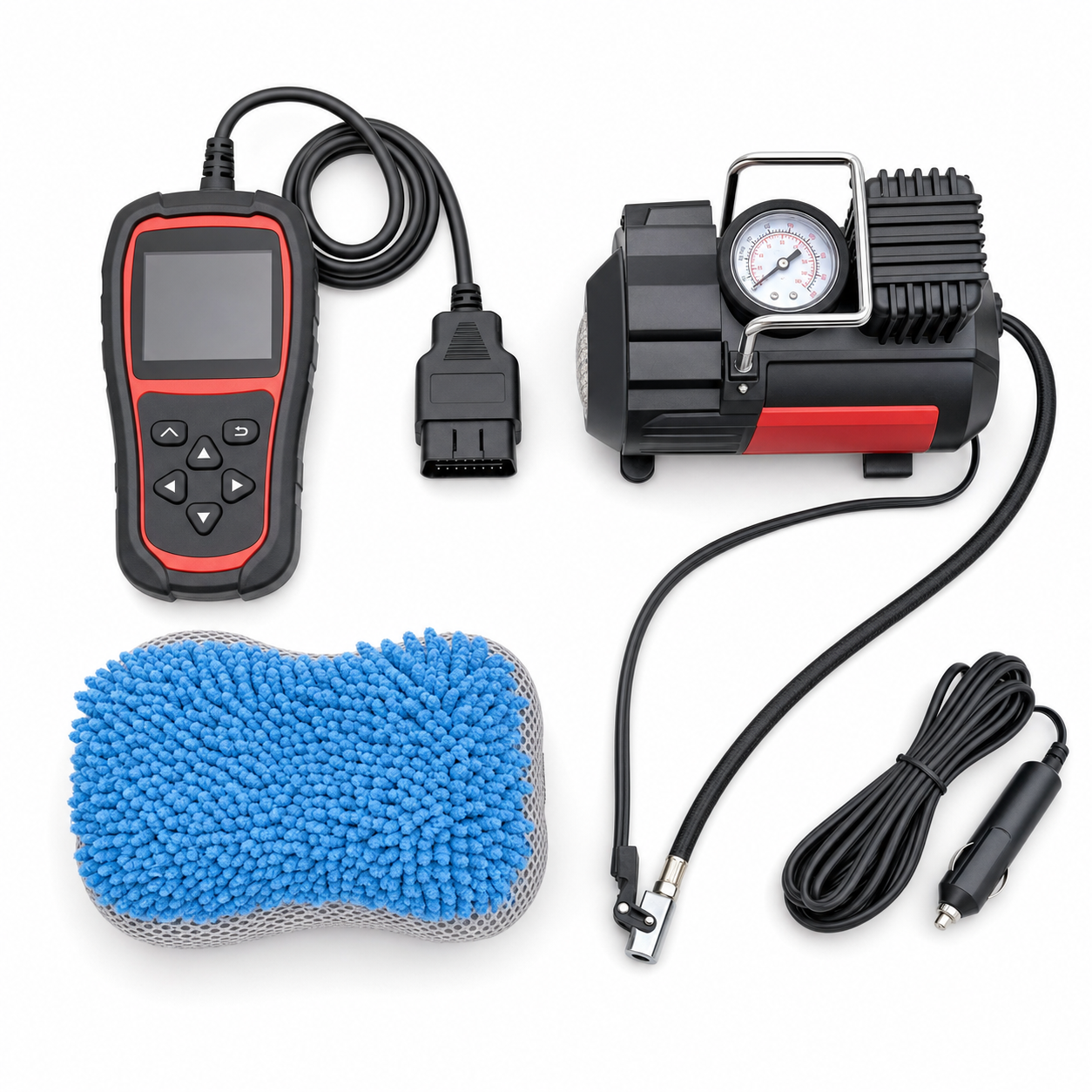 Diagnose- und Wartungs-Set mit OBD2-Scanner, Reifenkompressor und Waschschwamm