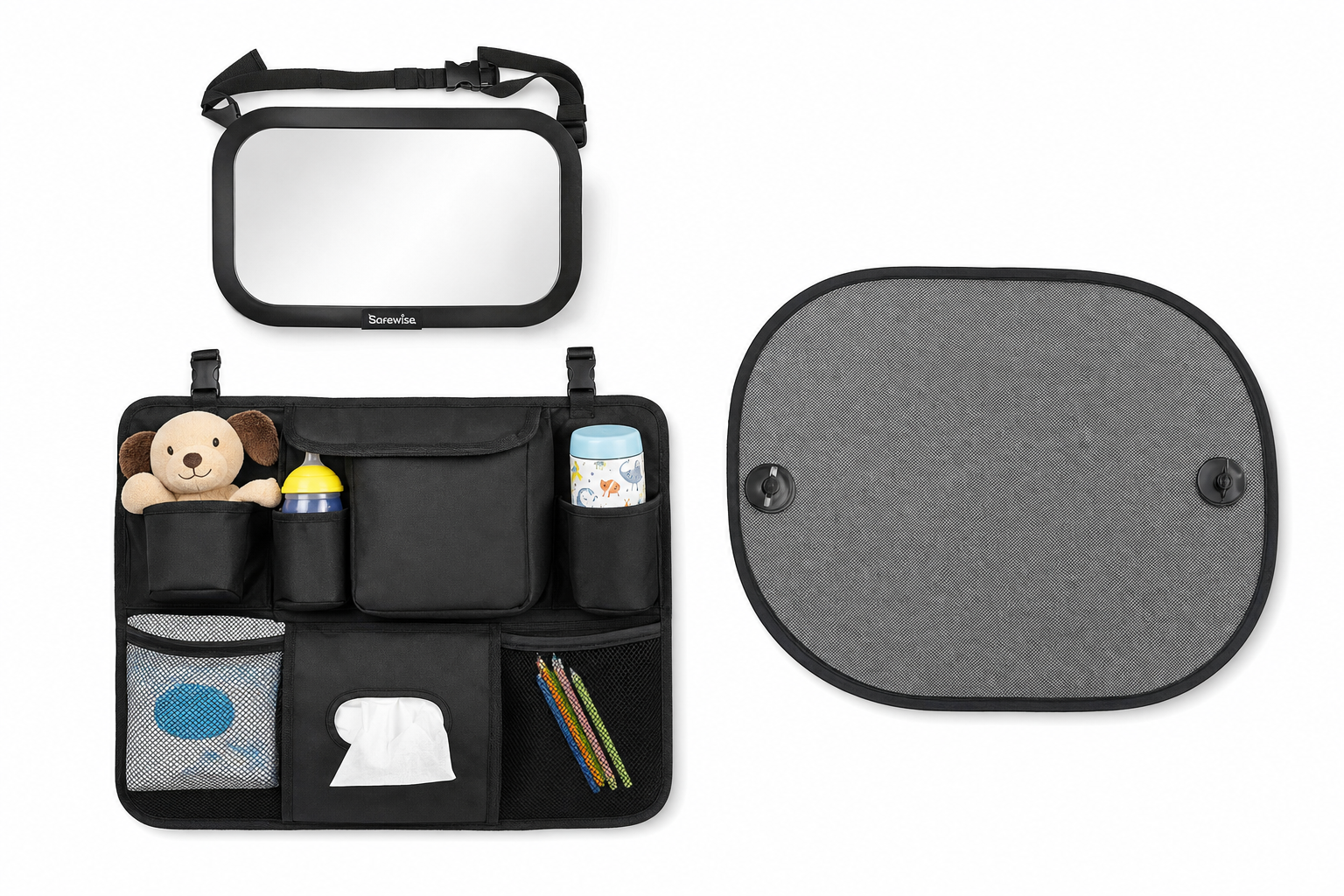 Familien-Reise-Set mit Baby-Rückspiegel, Kinder-Organizer und Sonnenschutz