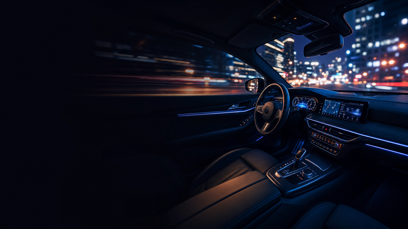 Modernes Autointerieur bei Nachtfahrt mit Fruvik Auto-Zubehör