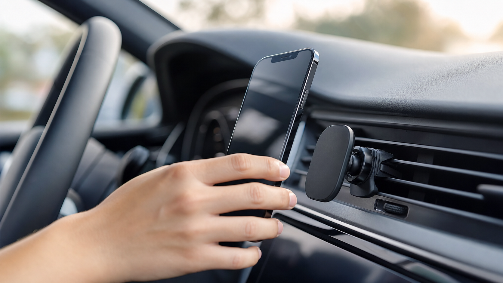 Smartphone wird an magnetischer Fruvik Auto-Handyhalterung befestigt