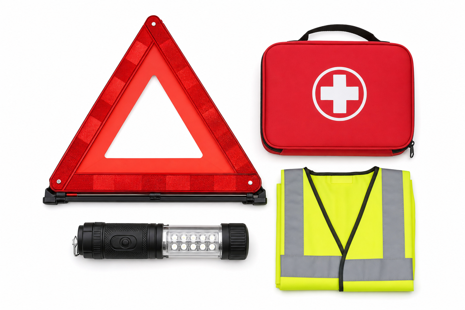 Notfall-Sicherheits-Set mit Warndreieck, Erste-Hilfe-Tasche, LED-Lampe und Warnweste